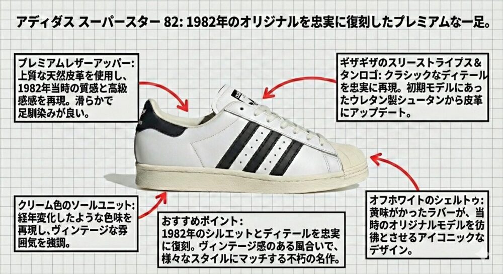 アディダススーパースター82の違いとは?定番モデルとの差やサイズ感解説
